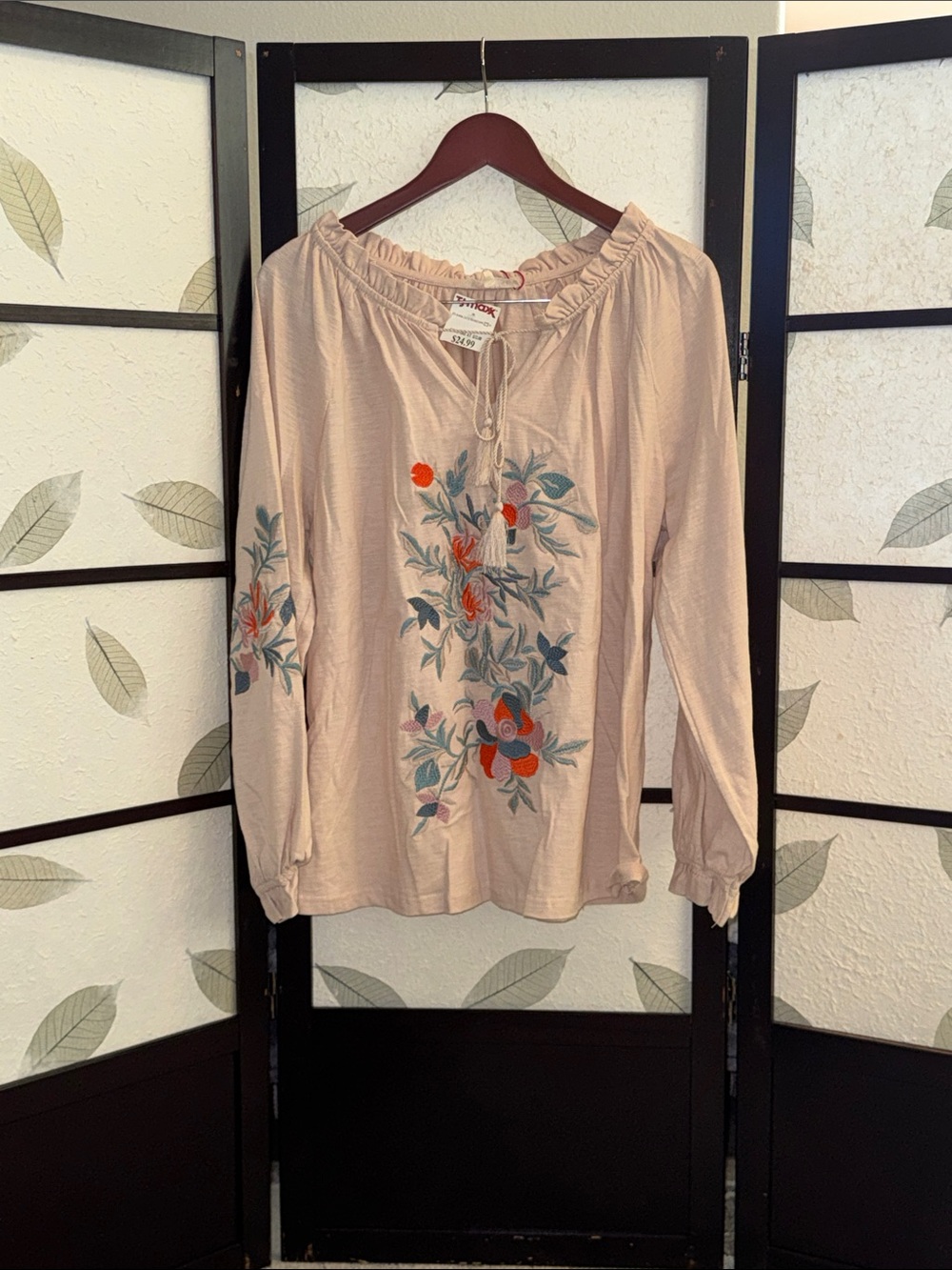 Solitaire Cream Peasant Blouse with Blue and Orange Floral Embroidery